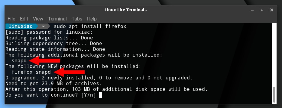 Firefox è installato come pacchetto Snap in Linux Lite.