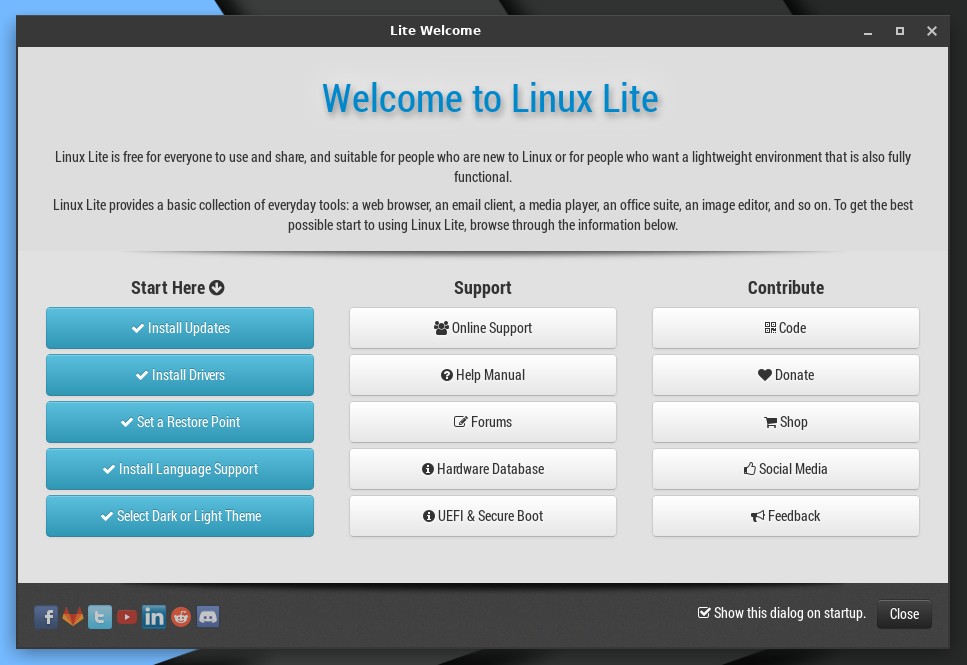 App di benvenuto in esecuzione sul sistema Linux Lite installato.